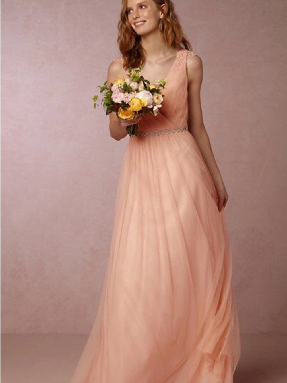 Anthro/Bhldn Peach Chiffon A-Line Dress with Beaded Waist